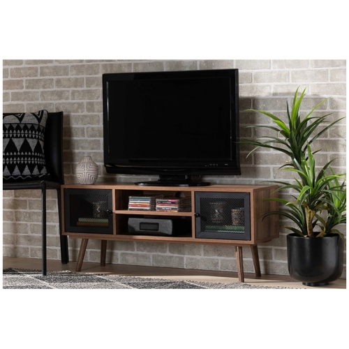 Baxton Studio Yuna Mid-Century Modern Transitional Natural Brown Finished Wood and Black Metal 2-Door TV Stand