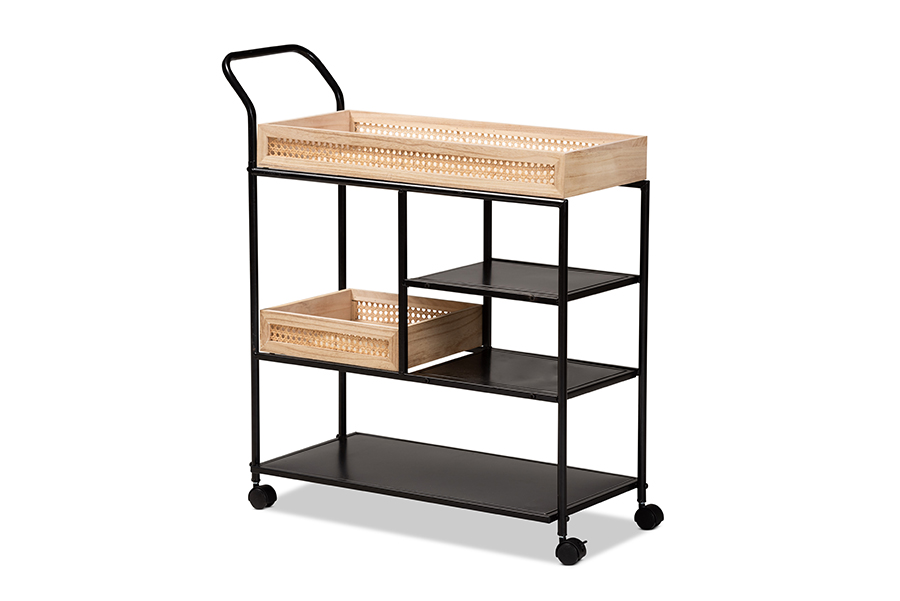 Baxton Studio Calais Modern Industrial Oak Brown Finished Wood and Black Metal Mobile Kitchen Cart with Rattan