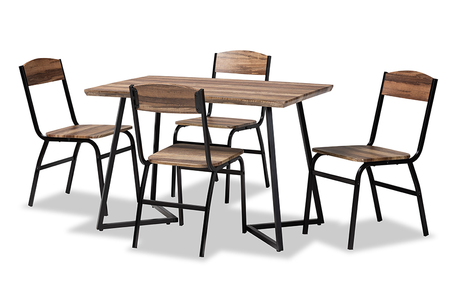 Baxton Studio Roana Modern and Contemporary Walnut Brown Finished Wood and Black Metal 5-Piece Dining Set