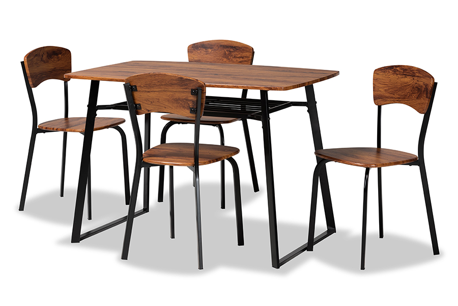 Baxton Studio Elida Modern and Contemporary Walnut Brown Finished Wood and Black Metal 5-Piece Dining Set
