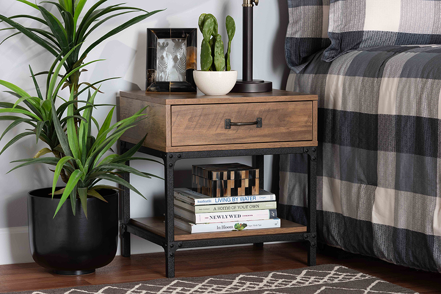 Baxton Studio Norwood Modern Industrial Walnut Brown Finished Wood and Black Metal 1-Drawer End Table