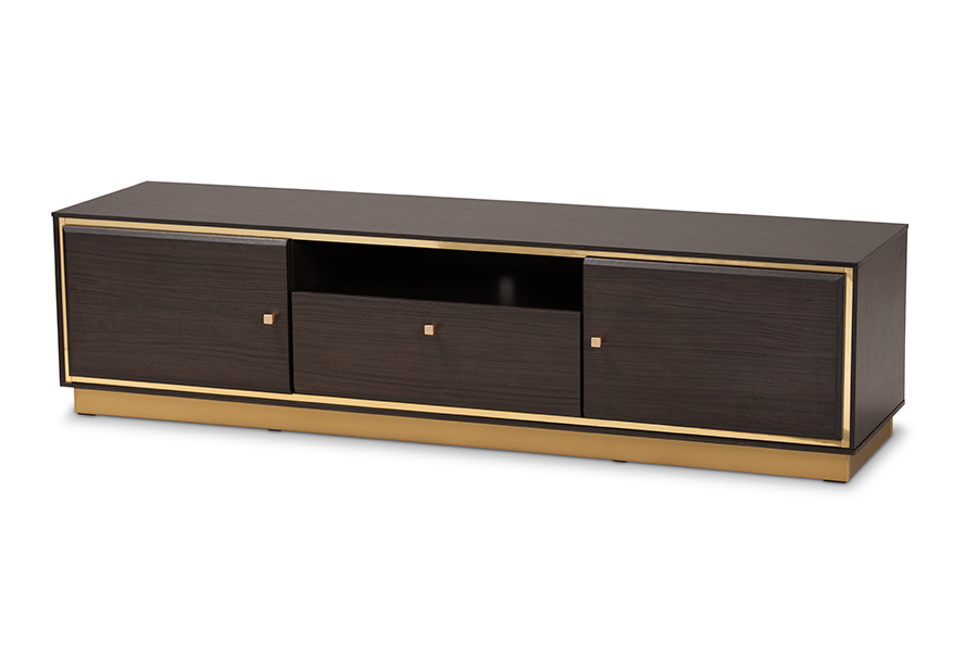 Baxton Studio Cormac Mid-Century Modern Transitional Dark Brown Finished Wood and Gold Metal 2-Door TV Stand