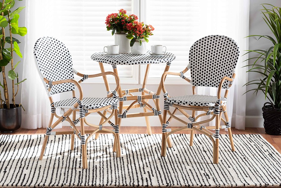 Baxton Studio Genica Classic French Black And White Weaving And Natural Brown Rattan 2 Piece Indoor And Outdoor Bistro Chair Set