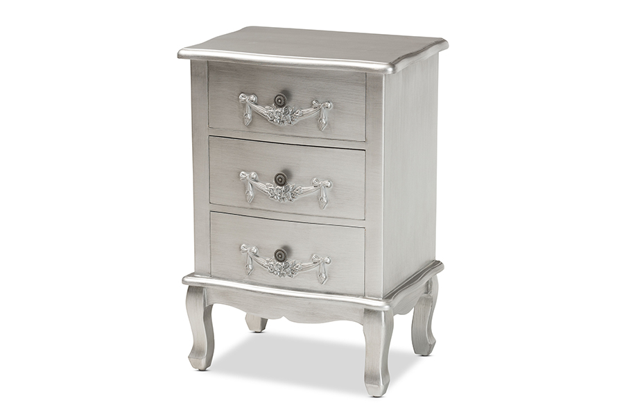Baxton Studio Callen Classic and Traditional Brushed Silver Finished Wood 3-Drawer Nightstand
