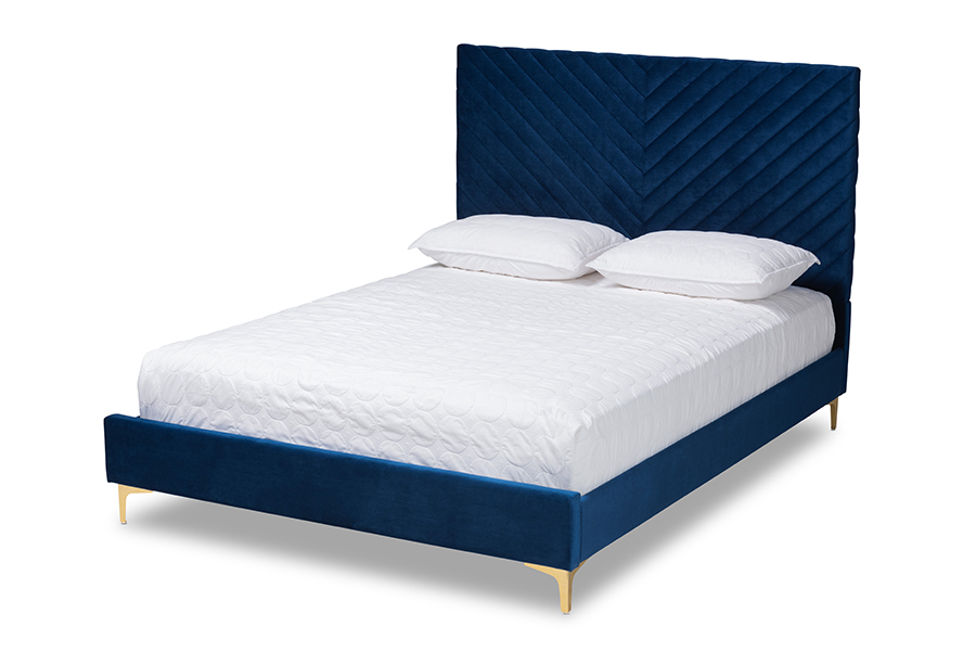Baxton Studio Fabrico Contemporary Glam and Luxe Navy Blue Velvet Fabric Upholstered and Gold Metal Full Size Platform Bed