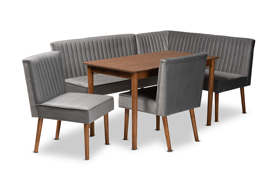Baxton Studio Alvis Mid-Century Modern Grey Velvet Upholstered and Walnut Brown Finished Wood 5-Piece Dining Nook Set