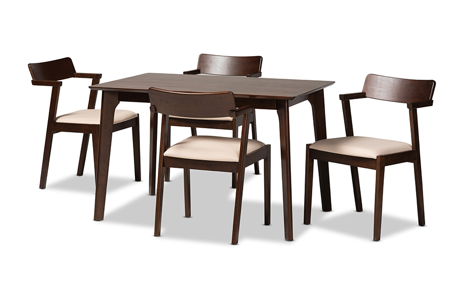 Baxton Studio Berenice Mid-Century Modern Transitional Cream Fabric and Dark Brown Finished Wood 5-Piece Dining Set
