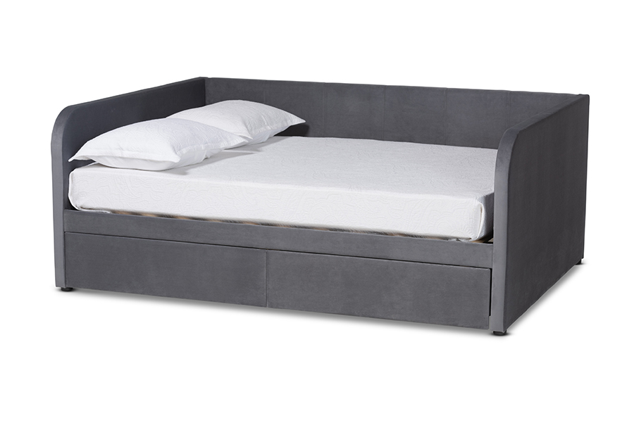 Baxton Studio Basanti Modern and Contemporary Grey Velvet Fabric Upholstered Full Size 2-Drawer Daybed