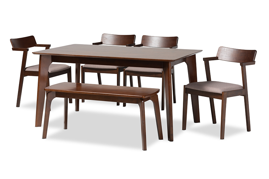 Baxton Studio Berenice Mid-Century Modern Transitional Warm Grey Fabric and Dark Brown Finished Wood 6-Piece Dining Set