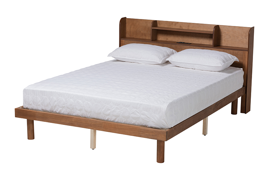 Baxton Studio Harper Mid-Century Modern Transitional Walnut Brown Finished Wood Queen Size Platform Bed with Charging Station
