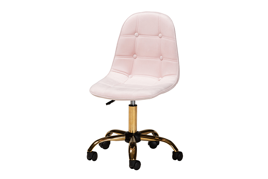 Baxton Studio Kabira Contemporary Glam and Luxe Blush Pink Velvet Fabric and Gold Metal Swivel Office chair