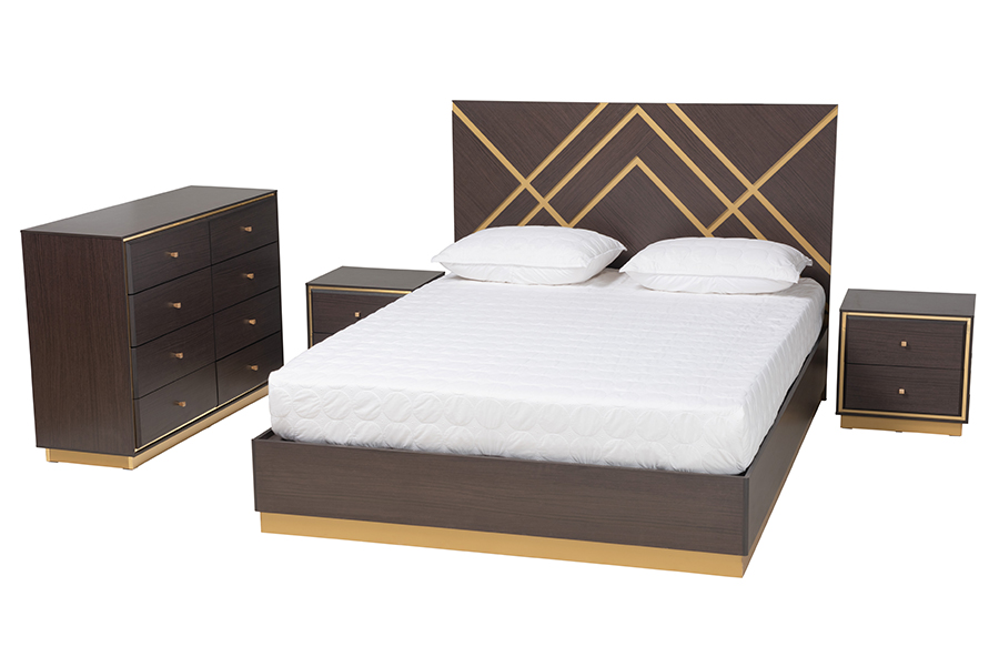 Baxton Studio Arcelia Contemporary Glam and Luxe Two-Tone Dark Brown and Gold Finished Wood Queen Size 4-Piece Bedroom Set