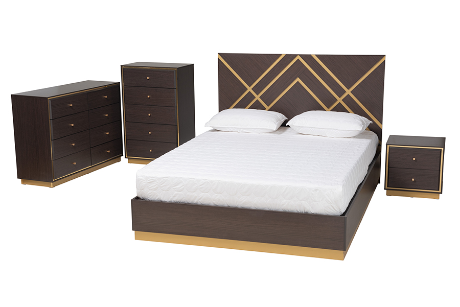Baxton Studio Arcelia Contemporary Glam and Luxe Two-Tone Dark Brown and Gold Finished Wood Queen Size 4-Piece Bedroom Set with