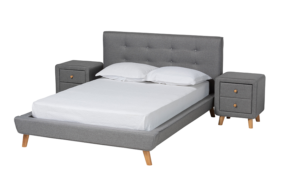 Baxton Studio Jonesy Mid-Century Modern Transitional Grey Fabric Upholstered Queen Size 3-Piece Bedroom Set