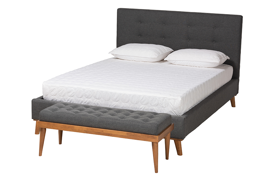 Baxton Studio Valencia Mid-Century Modern Dark Grey Fabric Upholstered Queen Size 2-Piece Bedroom Set