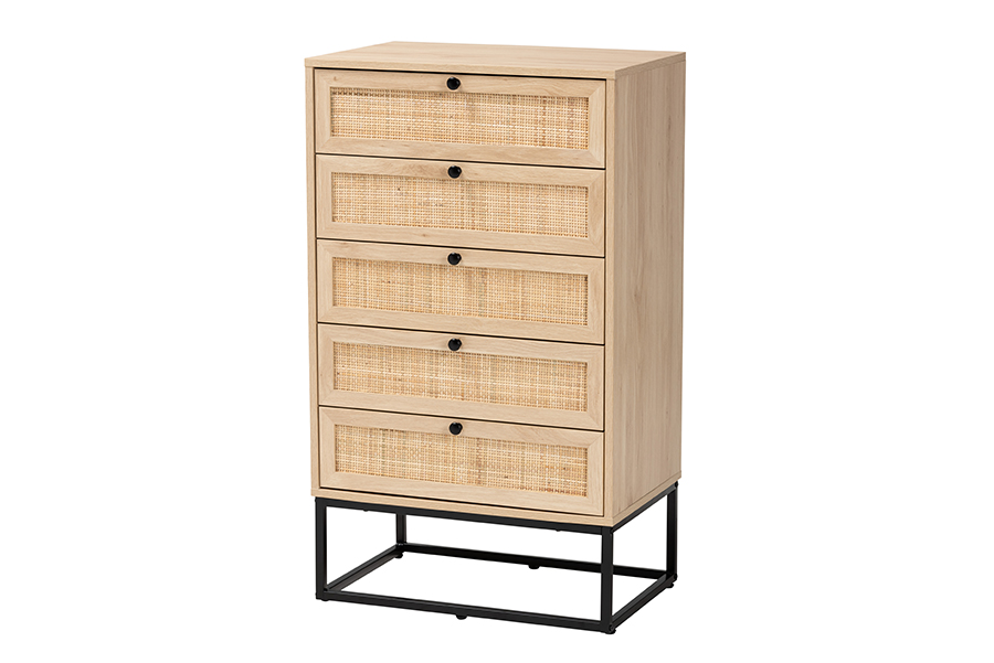 Baxton Studio Amelia Mid-Century Modern Transitional Natural Brown Finished Wood and Natural Rattan 5-Drawer Chest