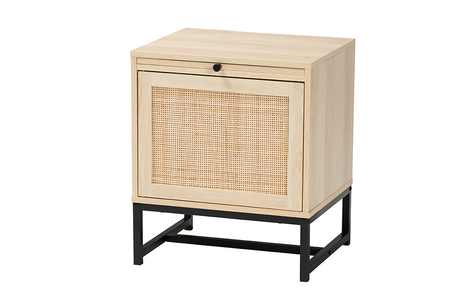 Baxton Studio Caterina Mid-Century Modern Transitional Natural Brown Finished Wood and Natural Rattan 1-Door Nightstand with Pul