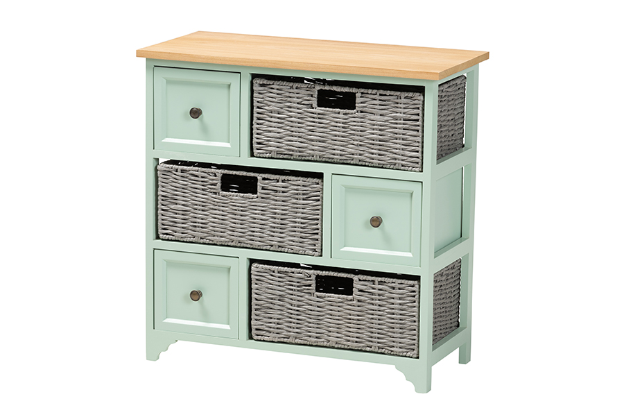 Baxton Studio Valtina Modern and Contemporary Two-Tone Oak Brown and Mint Green Finished Wood 3-Drawer Storage Unit with Baskets