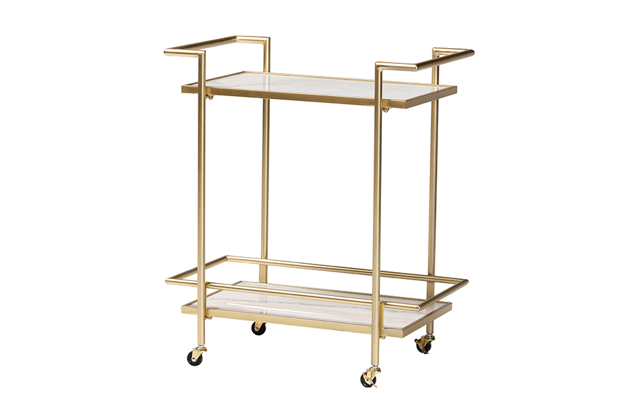 Baxton Studio Louise Contemporary Glam and Luxe Gold Metal and White Marble 2-Tier Wine Cart