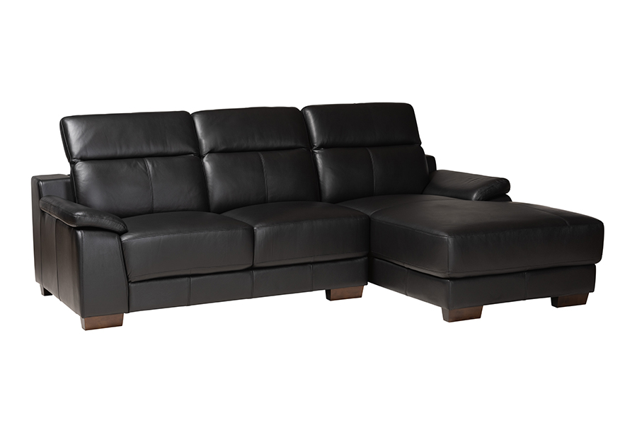 Baxton Studio Reverie Modern Black Full  Leather Sectional Sofa with Right Facing Chaise