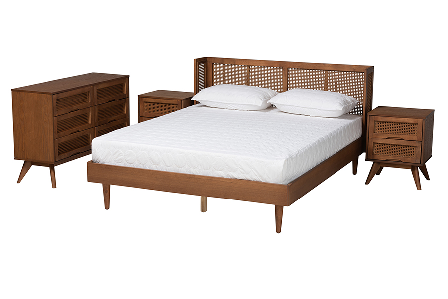 Baxton Studio Rina Mid-Century Modern Ash Walnut Finished Wood 4-Piece Full Size Bedroom Set with Synthetic Rattan