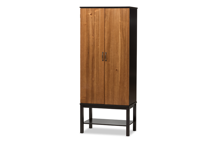 Baxton Studio Marya Mid-Century Modern Dark Brown and Walnut Two-Tone Solid Rubberwood Mdf Veneered Wine Cabinet