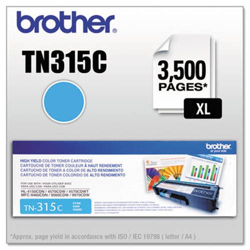 Brother Genuine TN315C High Yield Cyan Toner Cartridge. - Laser - 3500 Pages - Cyan - 1 Each