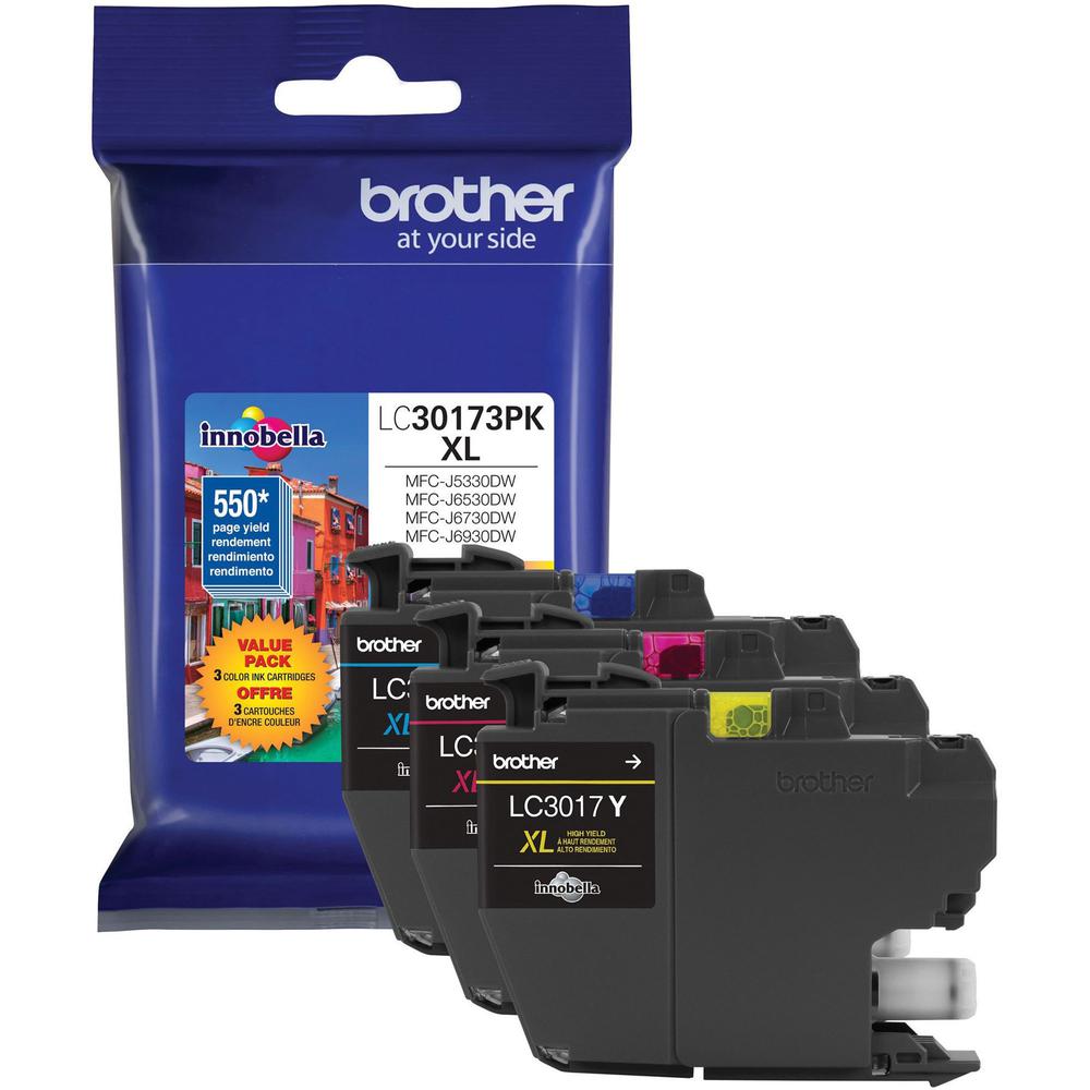 Brother LC30173PK Original High Yield Inkjet Ink Cartridge - Cyan, Magenta, Yellow - 3 / Pack - 550 Pages Cyan, 550 Pages Magent