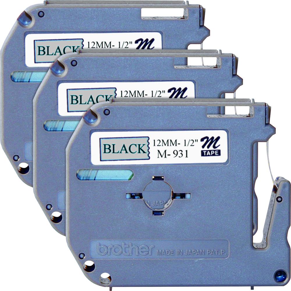 Brother P-touch Nonlaminated M Series Tape Cartridge - 1/2" - Rectangle - Direct Thermal - Silver, Black - 3 / Bundle