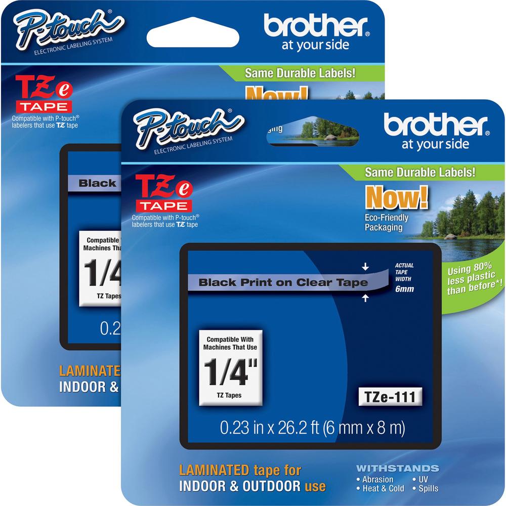 Brother P-touch TZe Laminated Tape Cartridges - 15/64" - Rectangle - Clear, Black - 2 / Bundle - Grease Resistant, Grime Resista