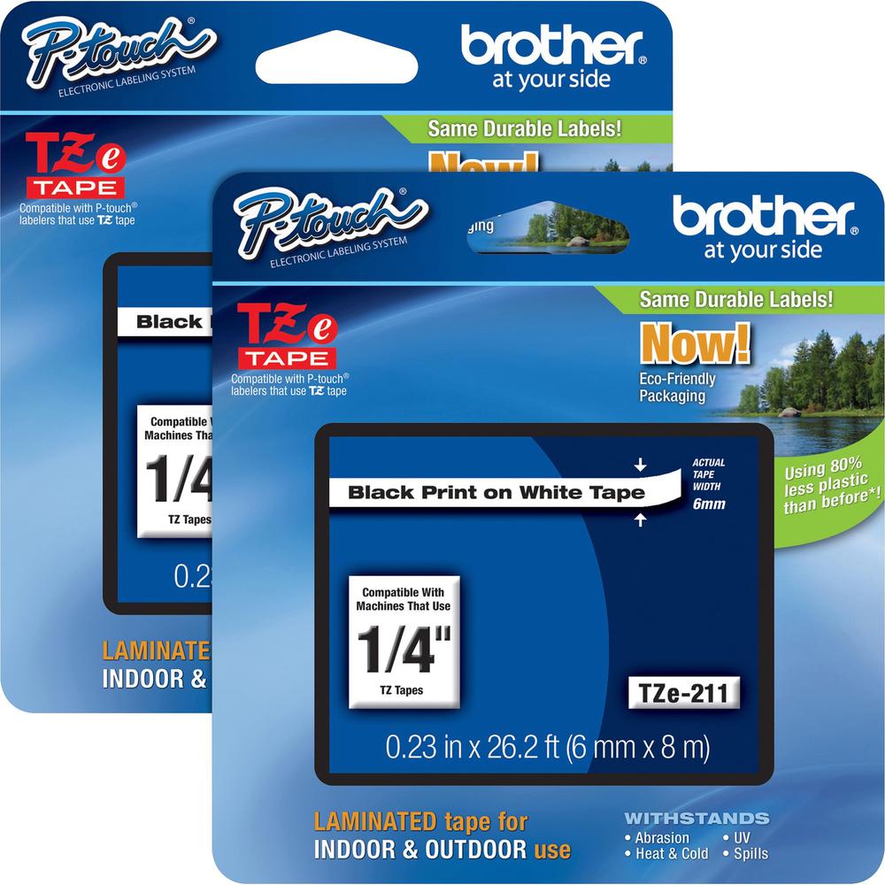Brother P-touch TZe Laminated Tape Cartridges - 1/4" - Rectangle - White - 2 / Bundle - Grease Resistant, Grime Resistant, Tempe