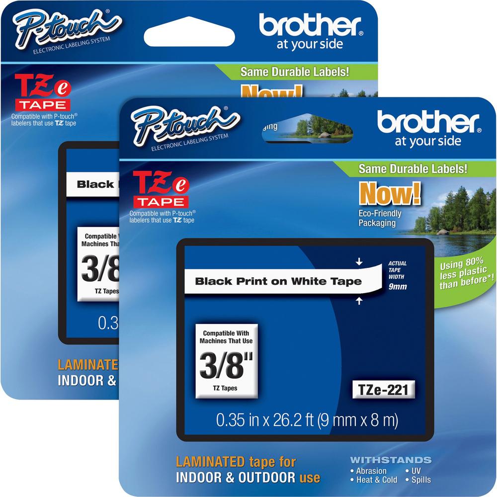 Brother P-touch TZe Laminated Tape Cartridges - 3/8" Width - Rectangle - White - Polyester Film, Polyethylene Terephthalate (PET