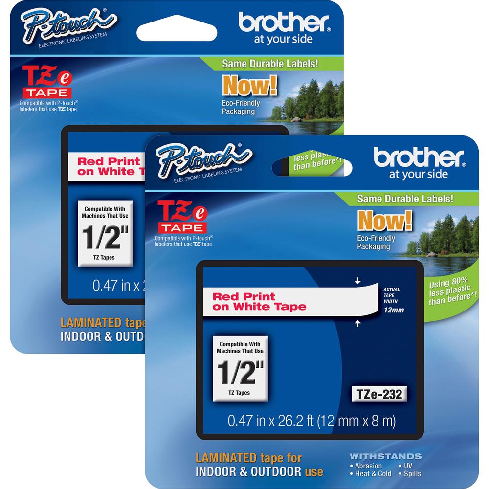 Brother P-touch TZe Laminated Tape Cartridges - 1/2" - Rectangle - White - 2 / Bundle - Grease Resistant, Grime Resistant, Tempe