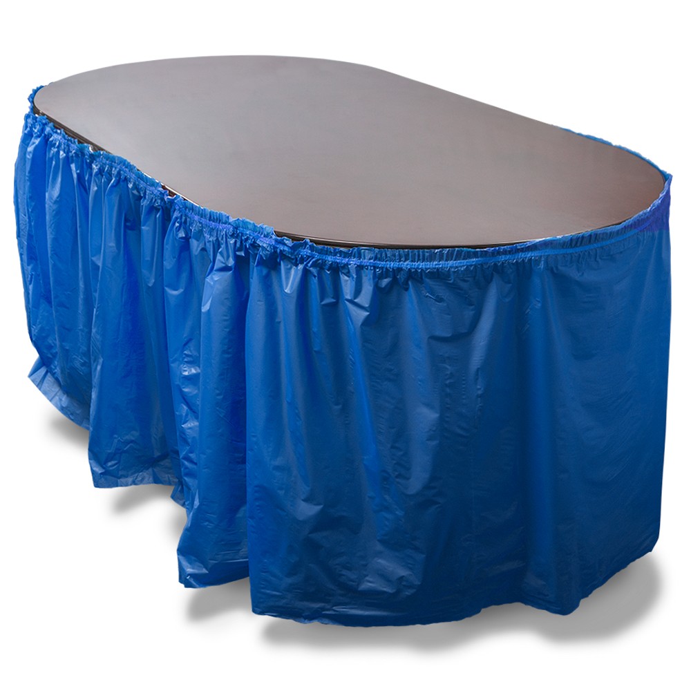 14' Dark Blue Reusable Plastic Table Skirt, Extends 20'+