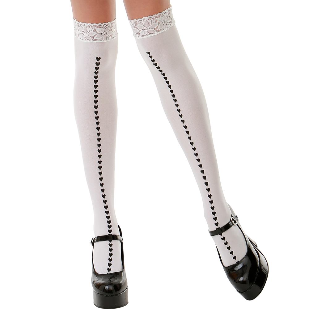 White with Black Hearts Thigh High Costume Tights