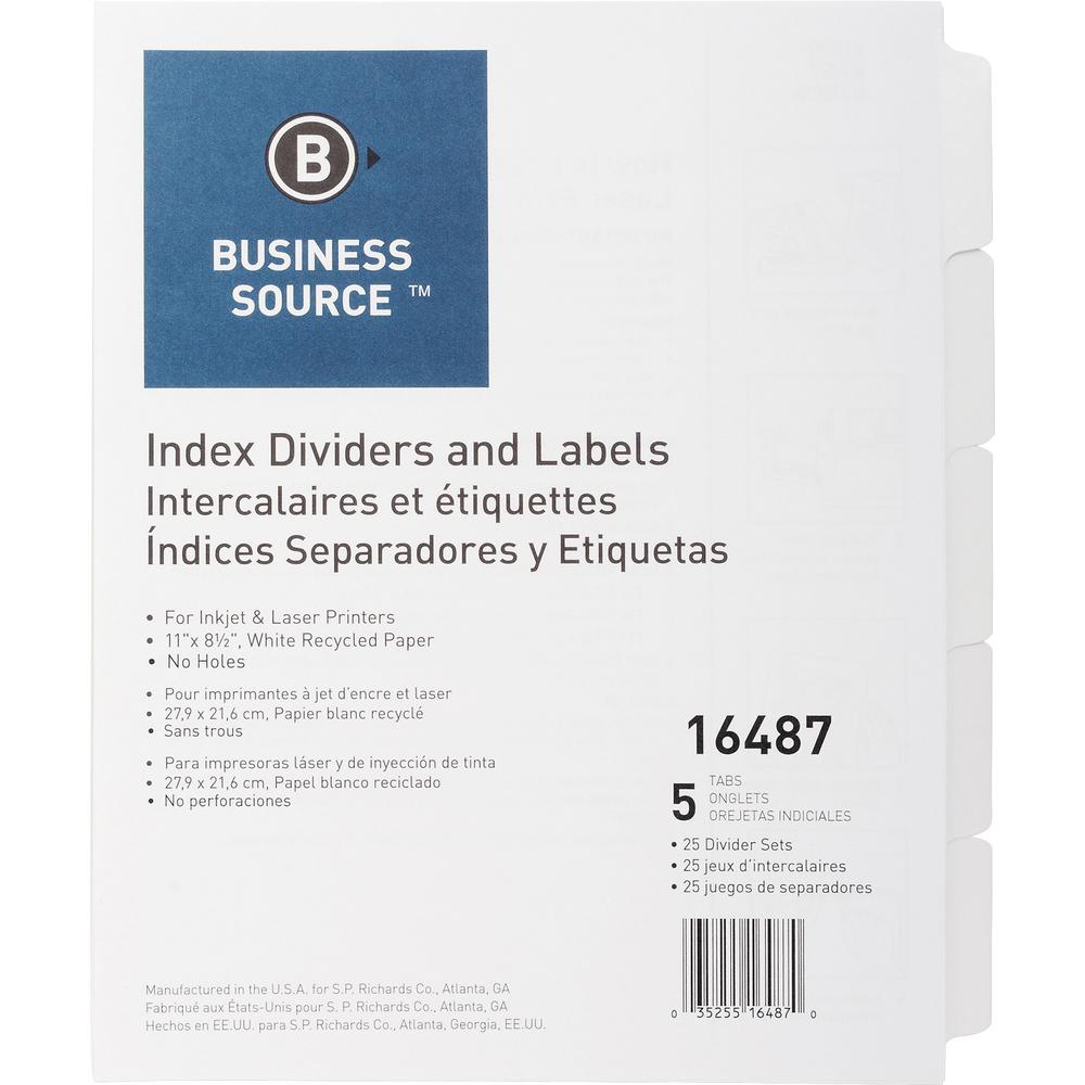 Business Source Un-punched Index Dividers Set - 5 x Divider(s) - Blank Tab(s) - 5 Tab(s)/Set - White Divider - White Tab(s) - 25