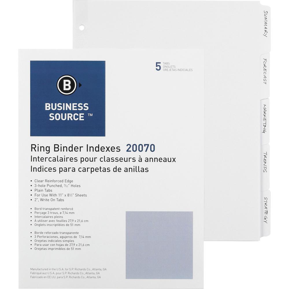 Business Source 3-Ring Plain Tab Indexes - 5 Write-on Tab(s)2" Tab Width - 8.5" Divider Width x 11" Divider Length - Letter - 3 