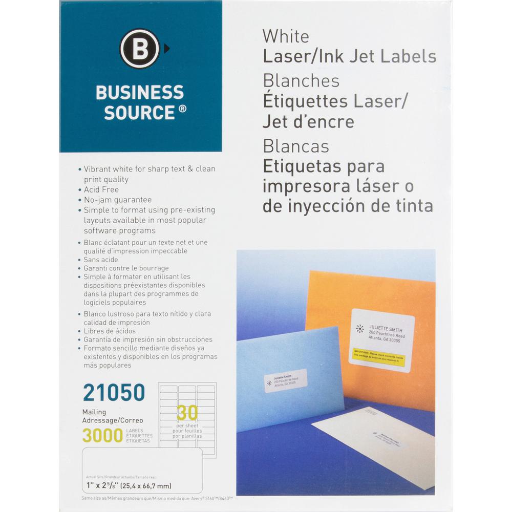 Business Source Bright White Premium-quality Address Labels - 1" x 2 5/8" Length - Permanent Adhesive - Rectangle - Laser, Inkje