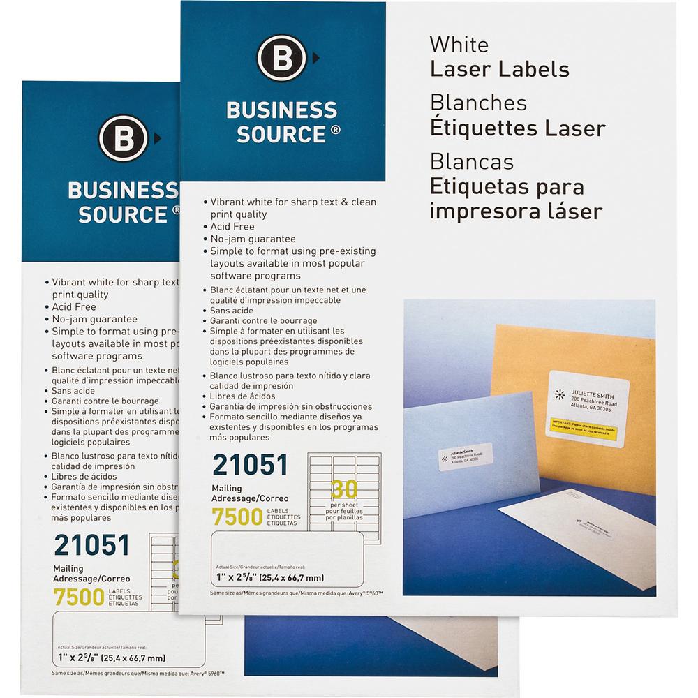 Business Source Bright White Premium-quality Address Labels - 1" x 2 5/8" Length - Permanent Adhesive - Rectangle - Laser, Inkje