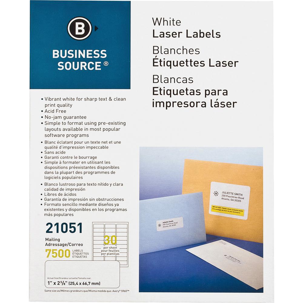 Business Source Bright White Premium-quality Address Labels - 1" x 2 5/8" Length - Permanent Adhesive - Rectangle - Laser, Inkje