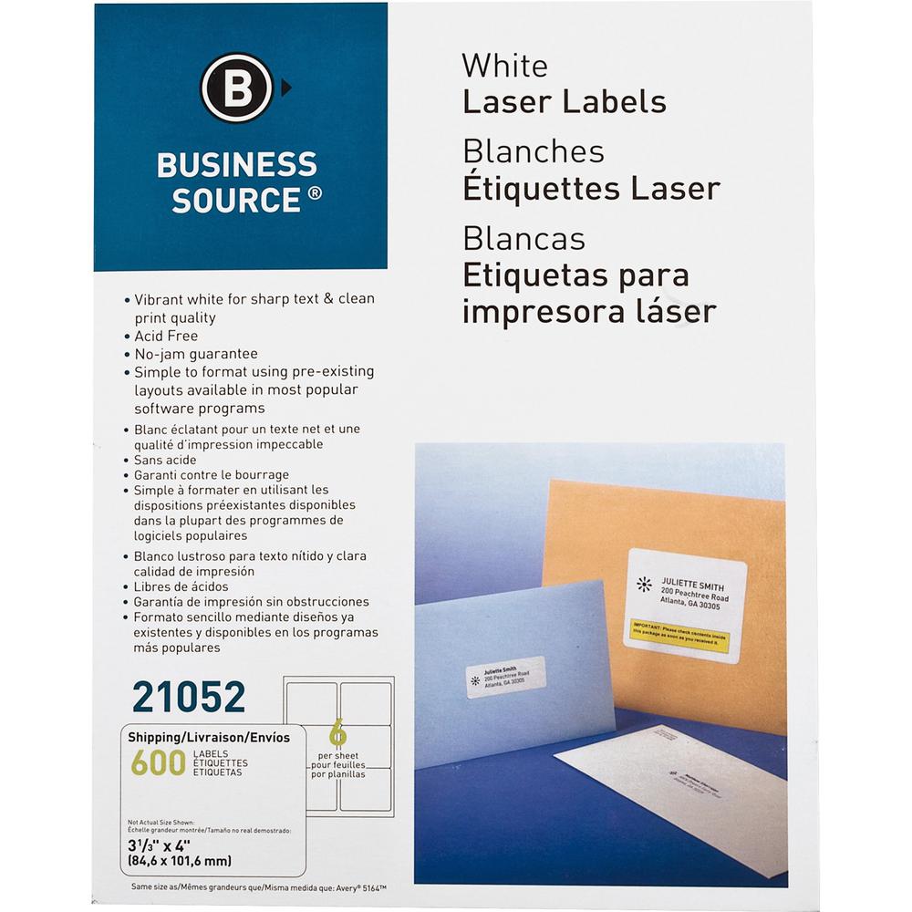 Business Source Bright White Premium-quality Address Labels - 3 1/3" x 4" Length - Permanent Adhesive - Rectangle - Laser, Inkje