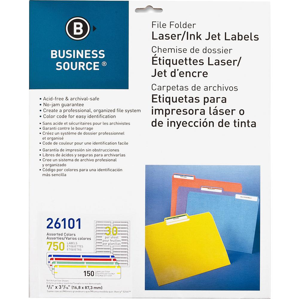 Business Source Laser/Inkjet File Folder Labels - 21/32" x 3 7/16" Length - Permanent Adhesive - Rectangle - Laser, Inkjet - Ass