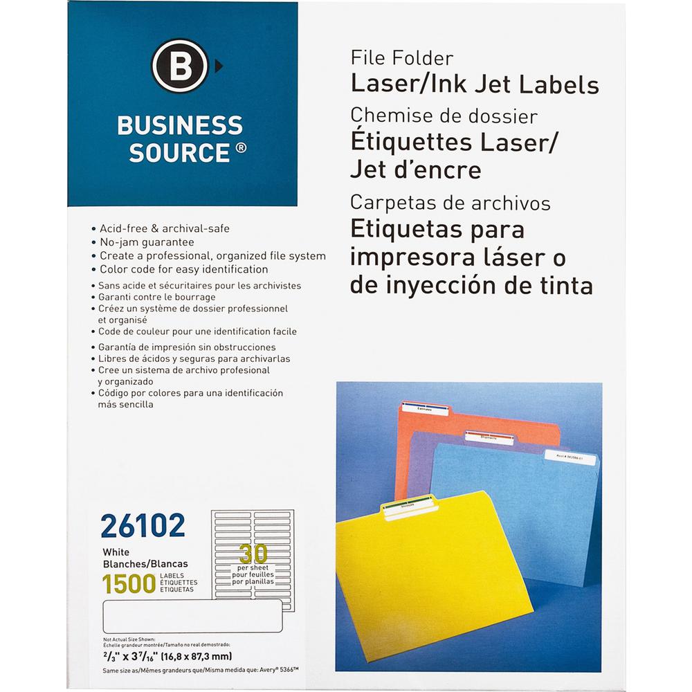 Business Source Laser/Inkjet File Folder Labels - 21/32" Width x 3 7/16" Length - Permanent Adhesive - Rectangle - Laser, Inkjet