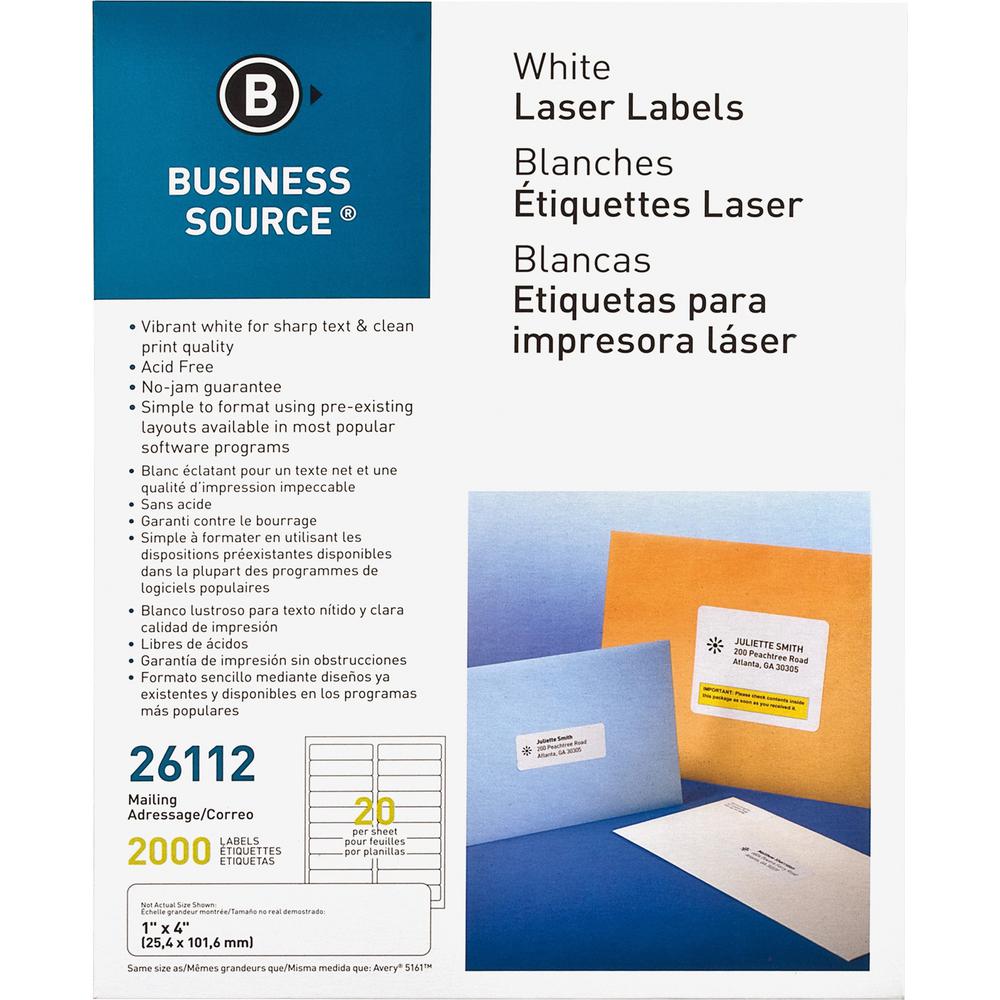 Business Source Bright White Premium-quality Address Labels - 1" x 4" Length - Permanent Adhesive - Rectangle - Laser, Inkjet - 