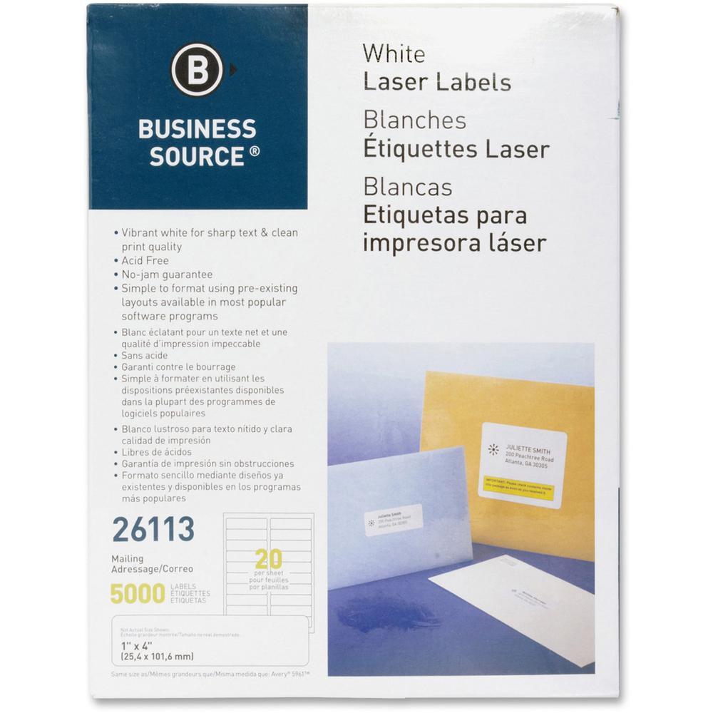 Business Source Bright White Premium-quality Address Labels - 1" x 4" Length - Permanent Adhesive - Rectangle - Laser, Inkjet - 