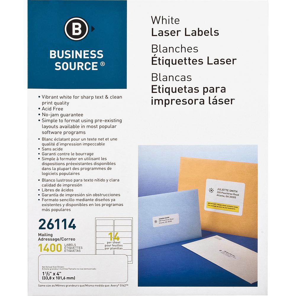 Business Source Bright White Premium-quality Address Labels - 1 1/3" x 4" Length - Permanent Adhesive - Rectangle - Laser, Inkje