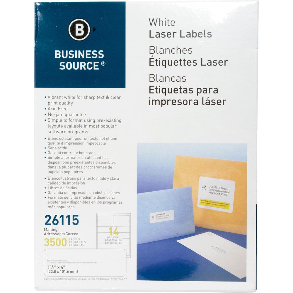 Business Source Bright White Premium-quality Address Labels - 1 1/3" x 4" Length - Permanent Adhesive - Rectangle - Laser, Inkje