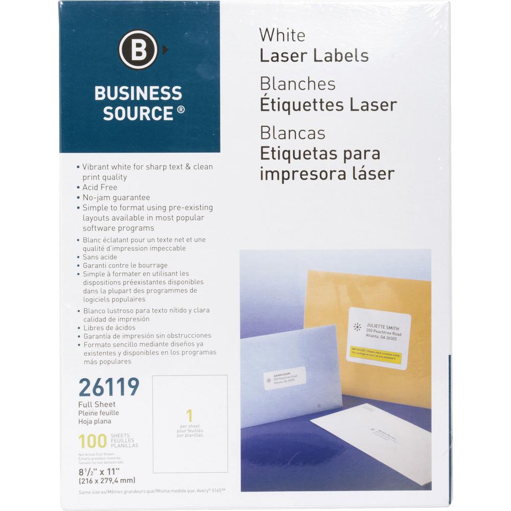 Business Source Address Labels - 8 1/2" x 11" Length - Permanent Adhesive - Rectangle - Laser, Inkjet - White - 1 / Sheet - 100 