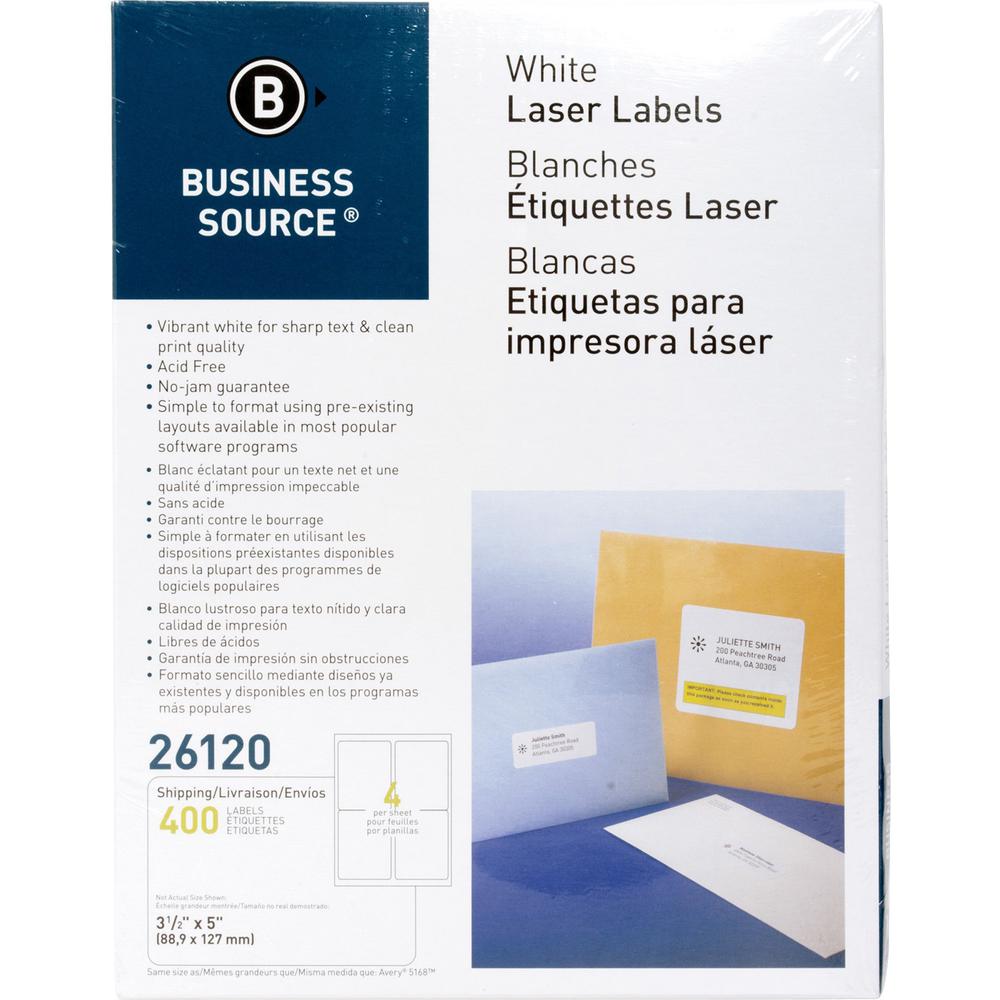 Business Source Bright White Premium-quality Address Labels - 3 1/2" x 5" Length - Permanent Adhesive - Rectangle - Laser, Inkje