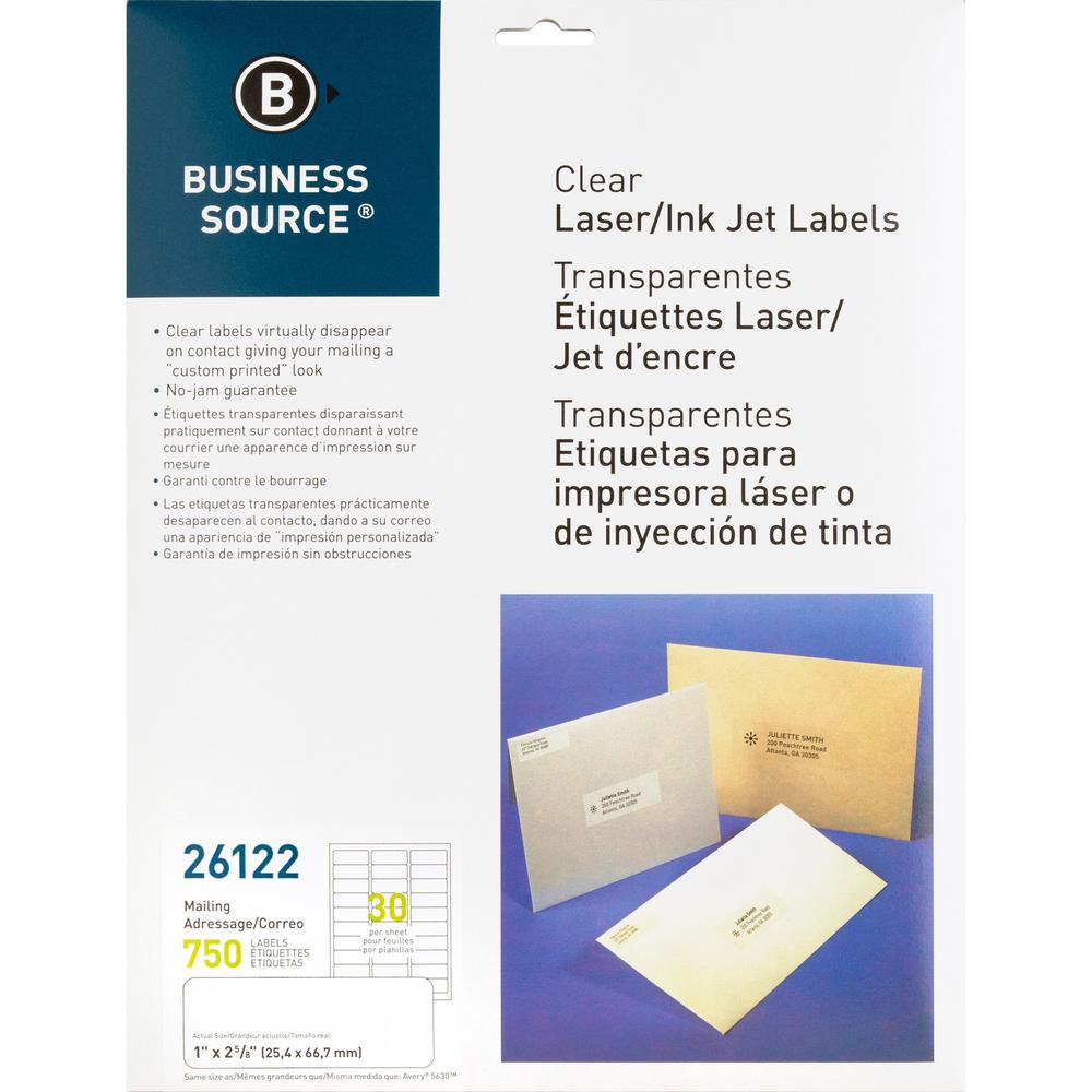 Business Source Mailing Address Labels - 1" x 2 3/4" Length - Permanent Adhesive - Rectangle - Laser - Clear - 30 / Sheet - 750 